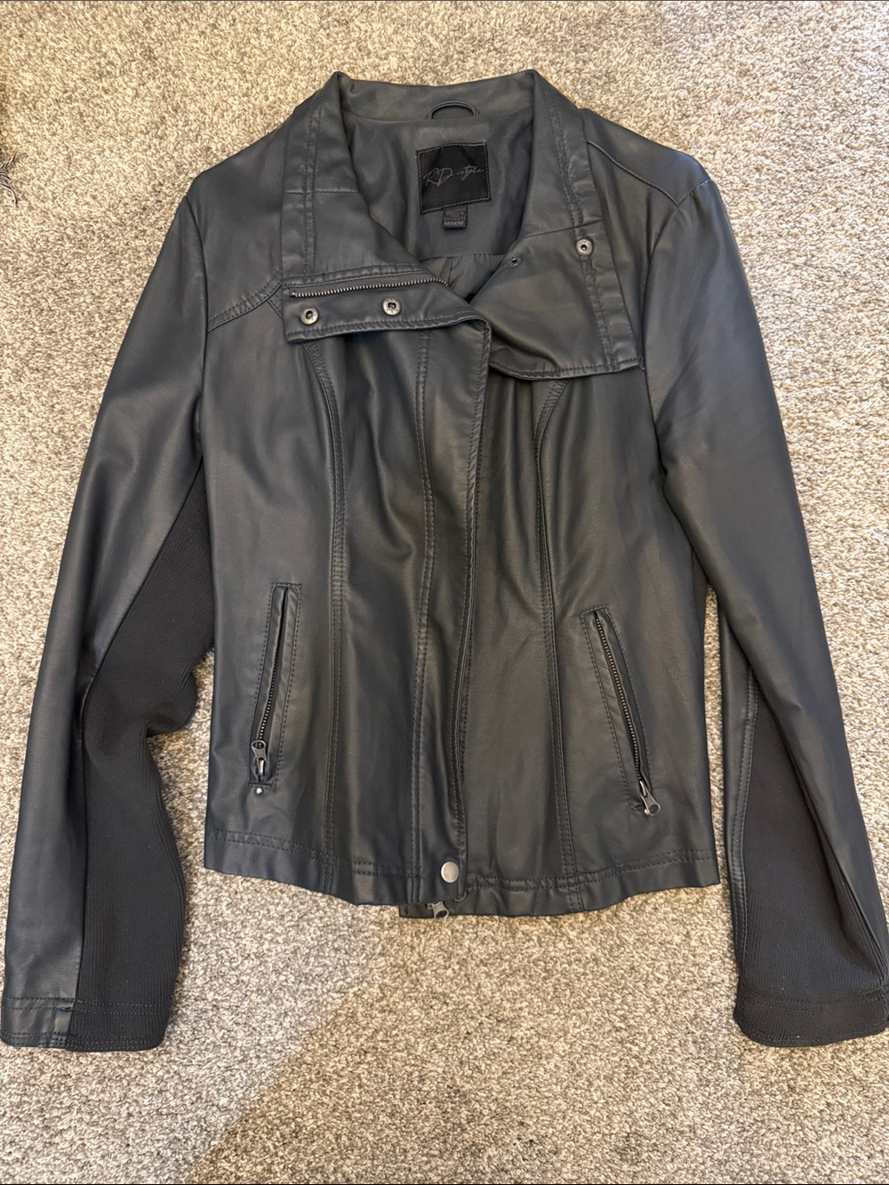 RD Style Black Faux Leather Moto Jacket with Knit Sleeves